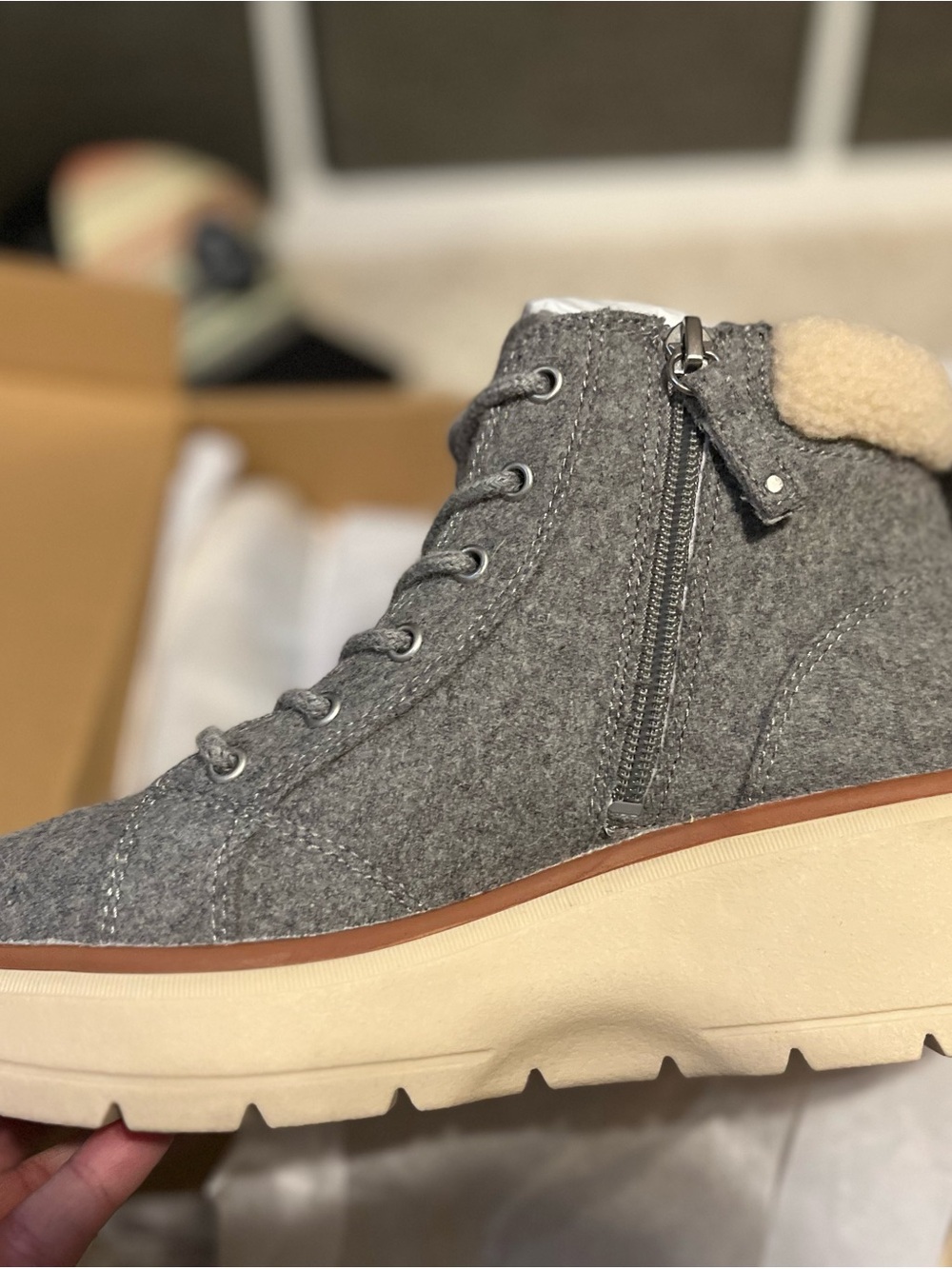 Dr. Scholl's Gray Felt Lace-Up Ankle Boot with Faux Shearling Collar